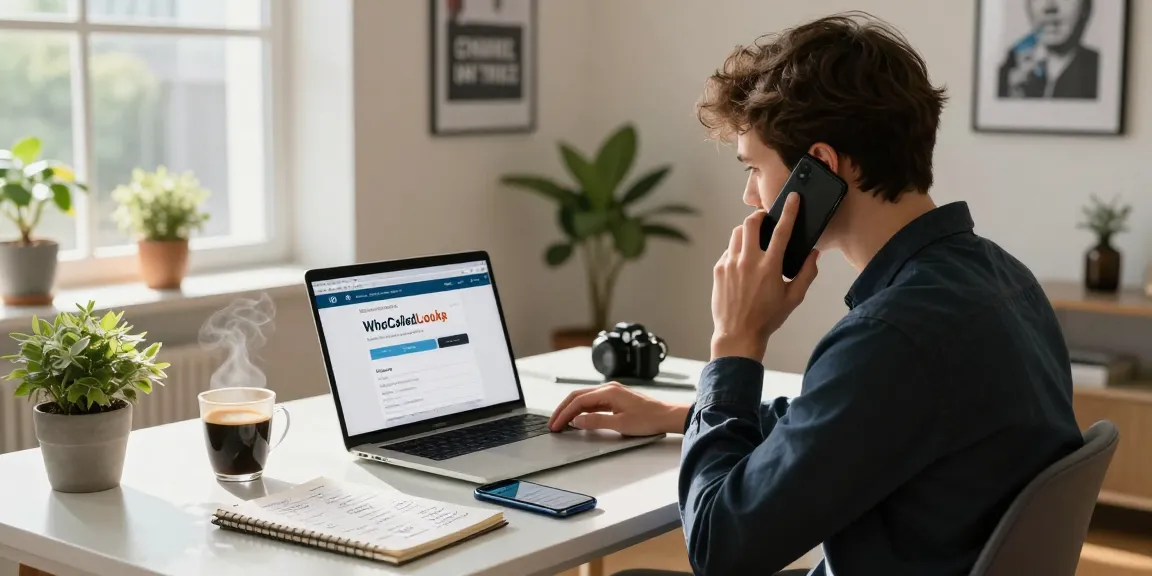Young professional conducting a phone number search UK in a modern home office, showcasing the WhoCalledLookup tool.